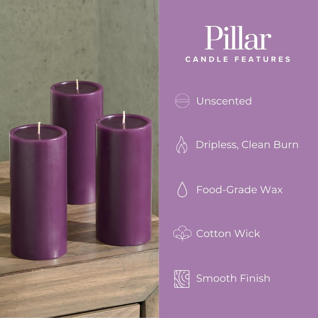 Smooth 3X6 Eggplant Purple Candles | Pillar Candles for Home | Unscented Candles & Dripless Pillar Candles | Long Lasting Candles | Large Candle for Home | 3 Pack of Candles