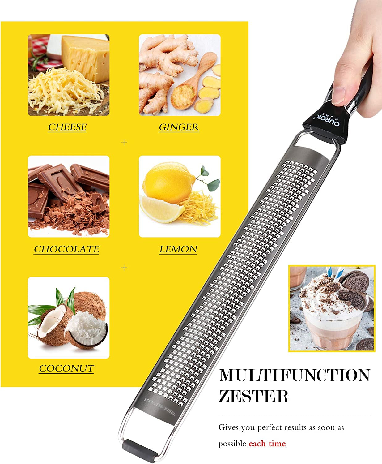 Kitchen Lemon Zester Grater, Stainless Steel Handheld Fine Zester Tool for Lemon, Nutmeg, Parmesan Cheese, Chocolate, Ginger, Coconut, Citrus, Orange, Lime with Cleaning Brush (Black)