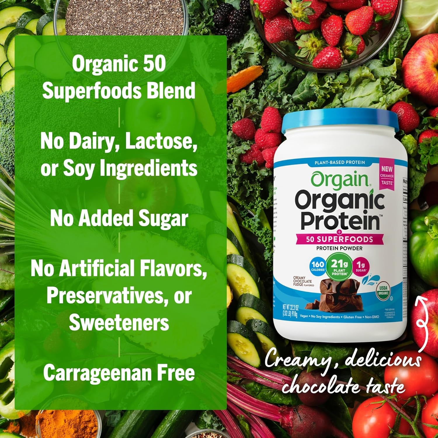 Organic Protein + Superfoods Powder, Creamy Chocolate Fudge - 21G of Protein, Vegan, Plant Based, 6G of Fiber, No Dairy, Gluten, Soy or Added Sugar, Non-Gmo, 2.02 Lb