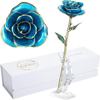 Romantic Rose Gift for Her,Eternity Rose Flower 24K Gold Dipped Rose and Romantic Gift for Her Rose,Skyblue with Stand