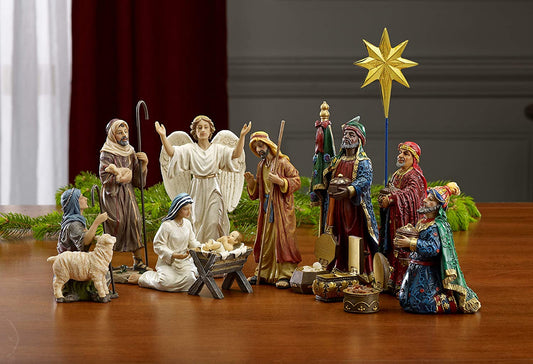 Three Kings Gifts Magi, Wise Men, Christmas Star, Angel, Shepherds, Sheep, Holy Family, Jesus in Manger, Real Gold in Trunk, Nativity Scene Set & Figures, 11-Pieces, for 7 Inch Scale Collection