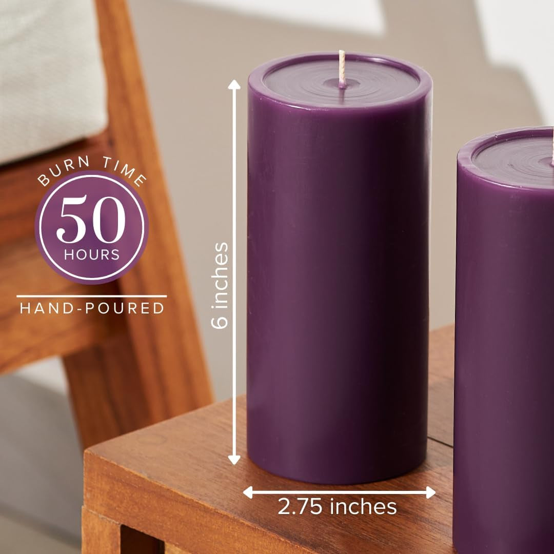 Smooth 3X6 Eggplant Purple Candles | Pillar Candles for Home | Unscented Candles & Dripless Pillar Candles | Long Lasting Candles | Large Candle for Home | 3 Pack of Candles