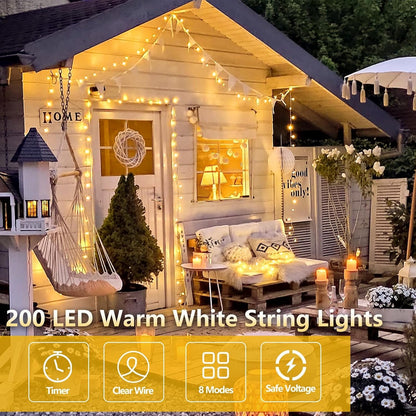 Extra-Long 66FT String Lights Outdoor/Indoor, 200 LED Upgraded Super Bright Christmas Lights, Waterproof 8 Modes Plug in Fairy Lights for Bedroom Party Wedding Garden (Warm White)