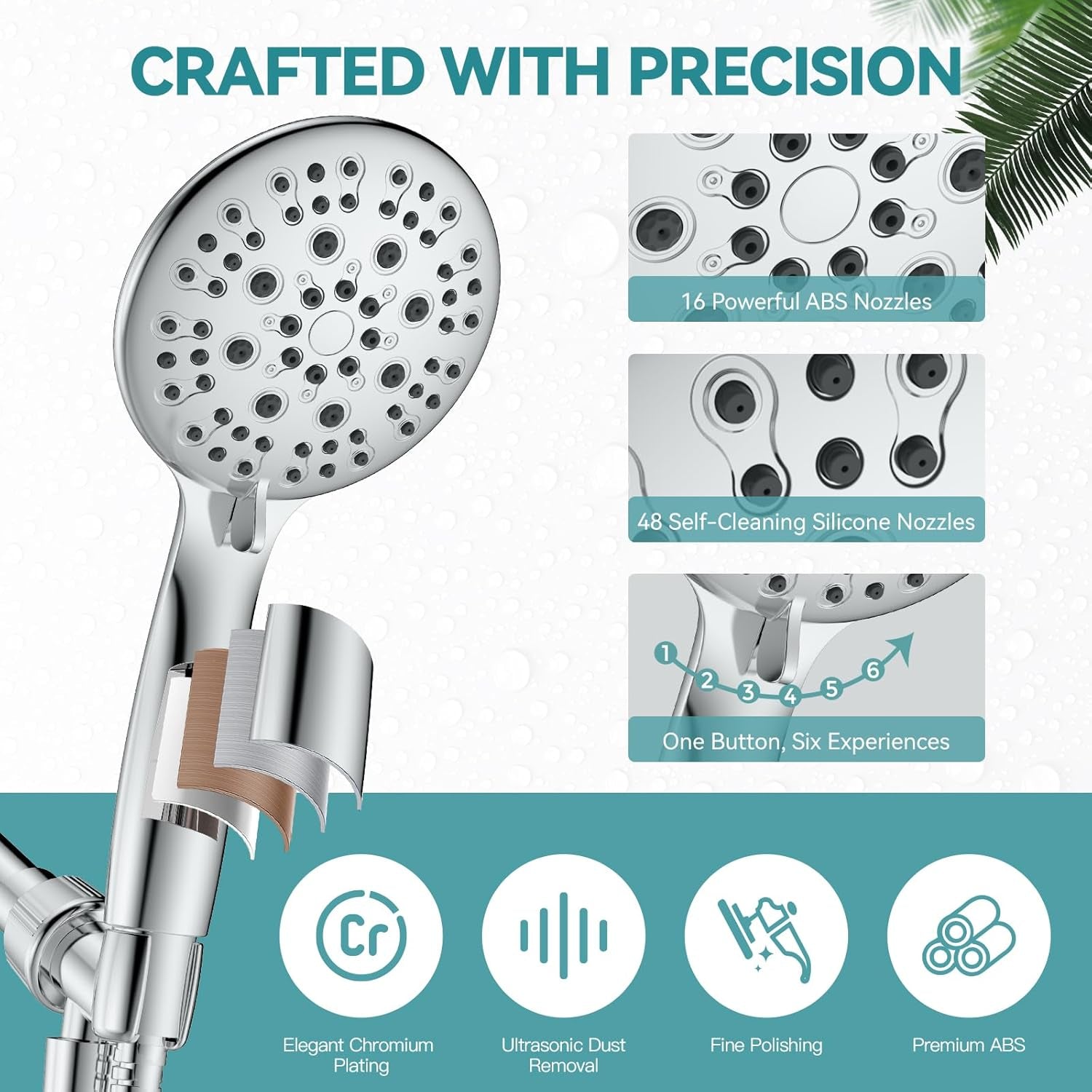 High Pressure Handheld Shower Head,  6 Spray Settings Shower Head with Handheld, 4.3" High Flow Hand Held Shower Head Set with Stainless Steel Hose and Adjustable Bracket (Chrome)