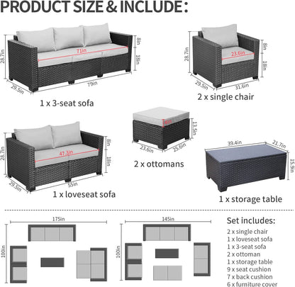 Patio Furniture Sets 7 Pieces Outdoor Furniture Sectional Patio Couches Set Storage Table No-Slip Grey Cushions and Waterproof Covers