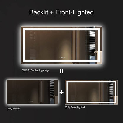 60X28 LED Mirror for Bathroom, Large Vanity Mirrors for Wall, Dimmable Anti-Fog Mirrors with Lights, (Backlit + Front-Lighted)