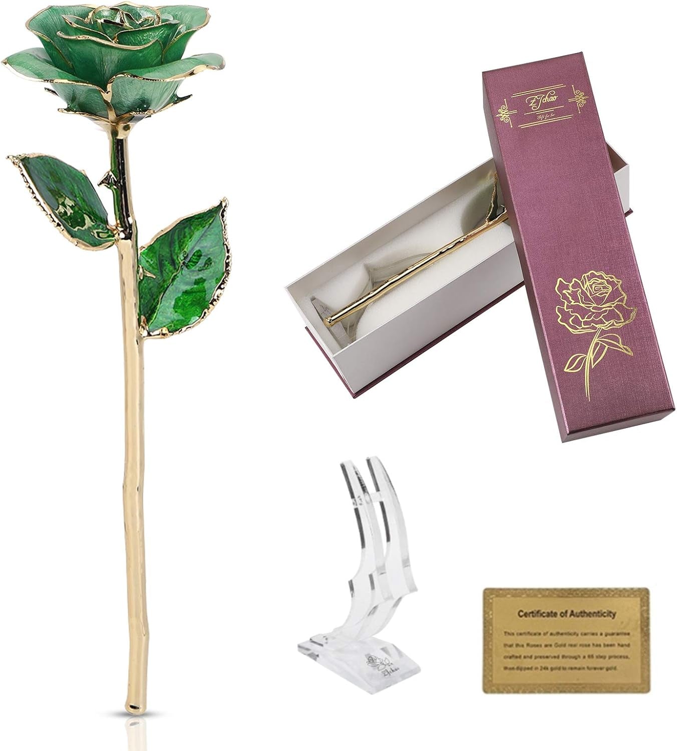 24K Light Green Rose for Her, Dipped Gold Rose Eternity Love Real Golden Plated Preserved Forever Flower with Rose Stand Present for Wife/Girlfriend/Lover (Light Green)