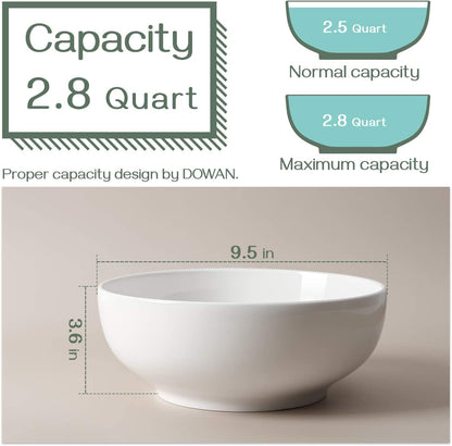 9.5" Large Serving Bowls, 2.8 Quart Big Salad Bowls, Porcelain Pasta Bowl Set, Sturdy Mixing Bowls, Microwave & Dishwasher Safe, Deep Soup Bowl for Family Kitchen, White Bowls, Set of 2