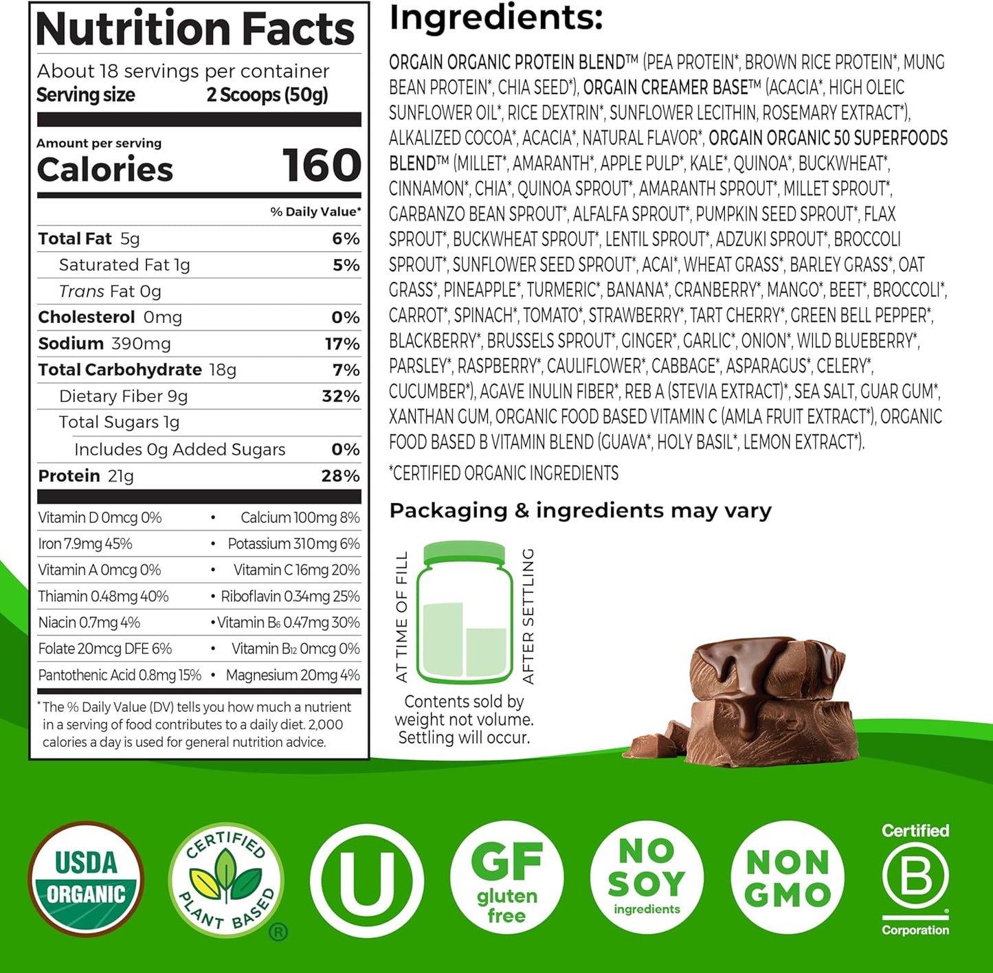 Organic Protein + Superfoods Powder, Creamy Chocolate Fudge - 21G of Protein, Vegan, Plant Based, 6G of Fiber, No Dairy, Gluten, Soy or Added Sugar, Non-Gmo, 2.02 Lb