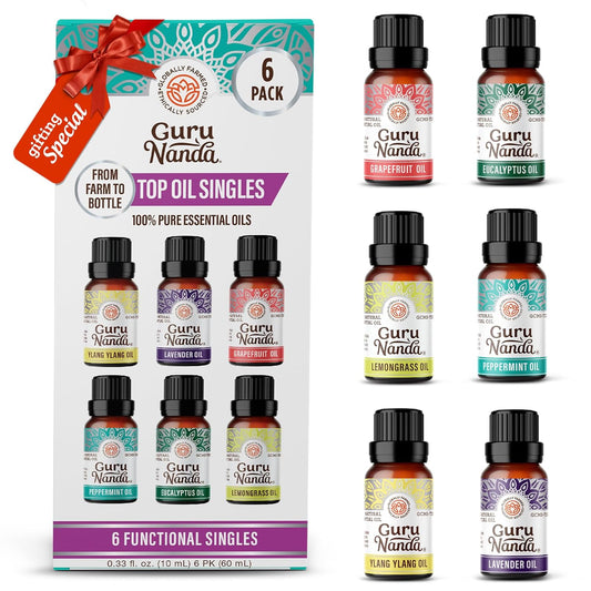 Guru Nanda (Set of 6) Therapeutic Grade Essential Oils - 100% Pure & Natural Aromatherapy Single Notes for Oil Diffusers & Topical Use - Lavender, Peppermint, Eucalyptus, Orange, Lemongrass, Cedarwood