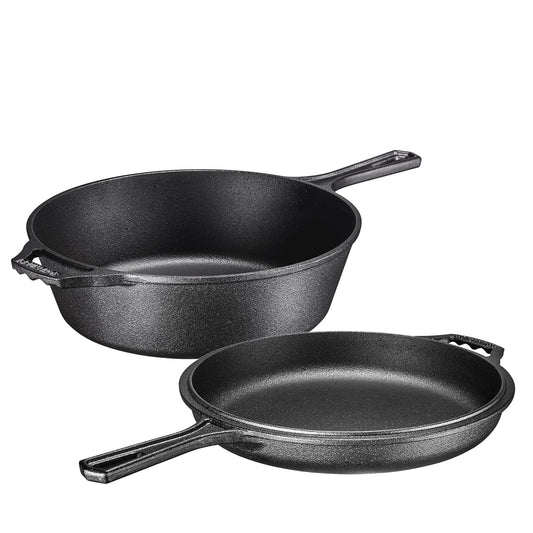 Pre-Seasoned 2-In-1 Cast Iron Multi-Cooker – Heavy Duty Skillet and Lid Set, Versatile Non-Stick Kitchen Cookware, Use as Dutch Oven or Frying Pan, 3 Quart, Pre-Seasoned