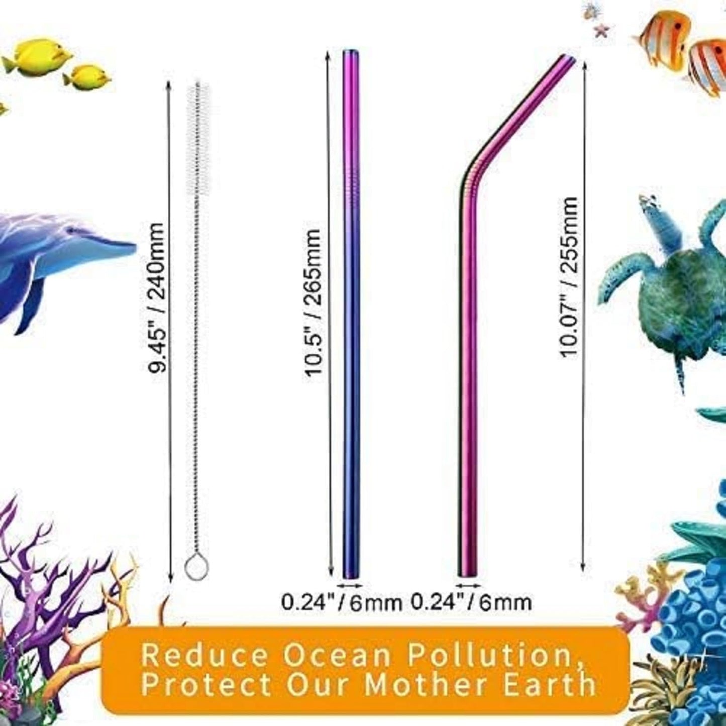 Metal Straws Drinking Straws 10.5" Stainless Steel Straws Reusable 8 Set - Ultra Long Rainbow Color-Cleaning Brush for 20/30 Oz for Yeti