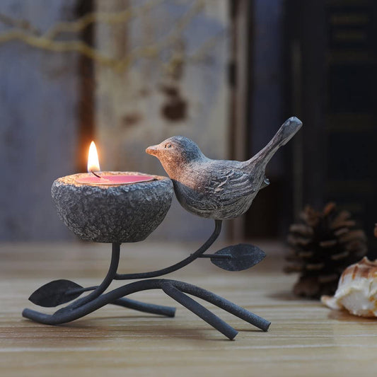 Votive Candle Holders, Vintage Home Decor Centerpiece, Iron Branches, Resin Bird and Nest, Tabletop Decorative Tealight Candle Stands (Grey Black)