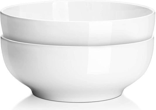 9.5" Large Serving Bowls, 2.8 Quart Big Salad Bowls, Porcelain Pasta Bowl Set, Sturdy Mixing Bowls, Microwave & Dishwasher Safe, Deep Soup Bowl for Family Kitchen, White Bowls, Set of 2