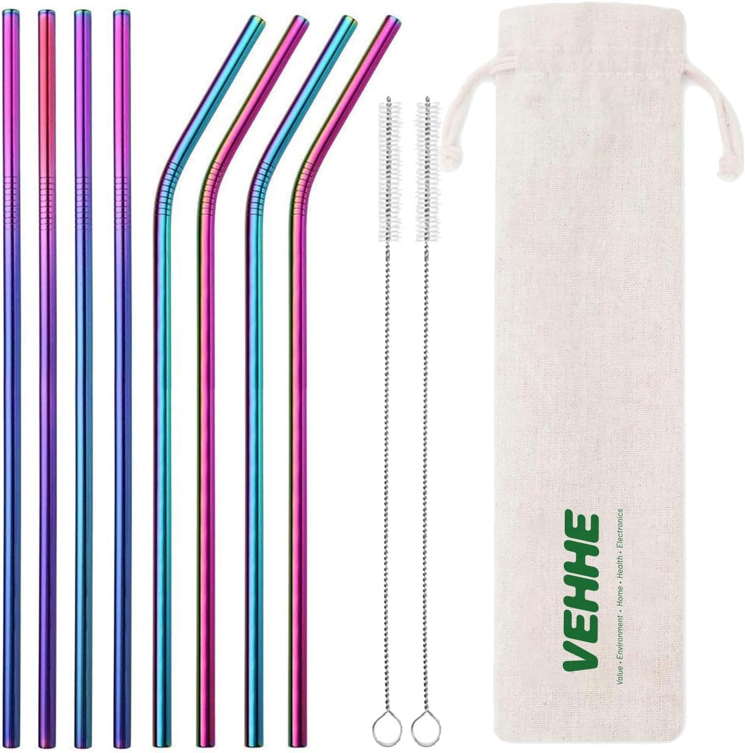 Metal Straws Drinking Straws 10.5" Stainless Steel Straws Reusable 8 Set - Ultra Long Rainbow Color-Cleaning Brush for 20/30 Oz for Yeti