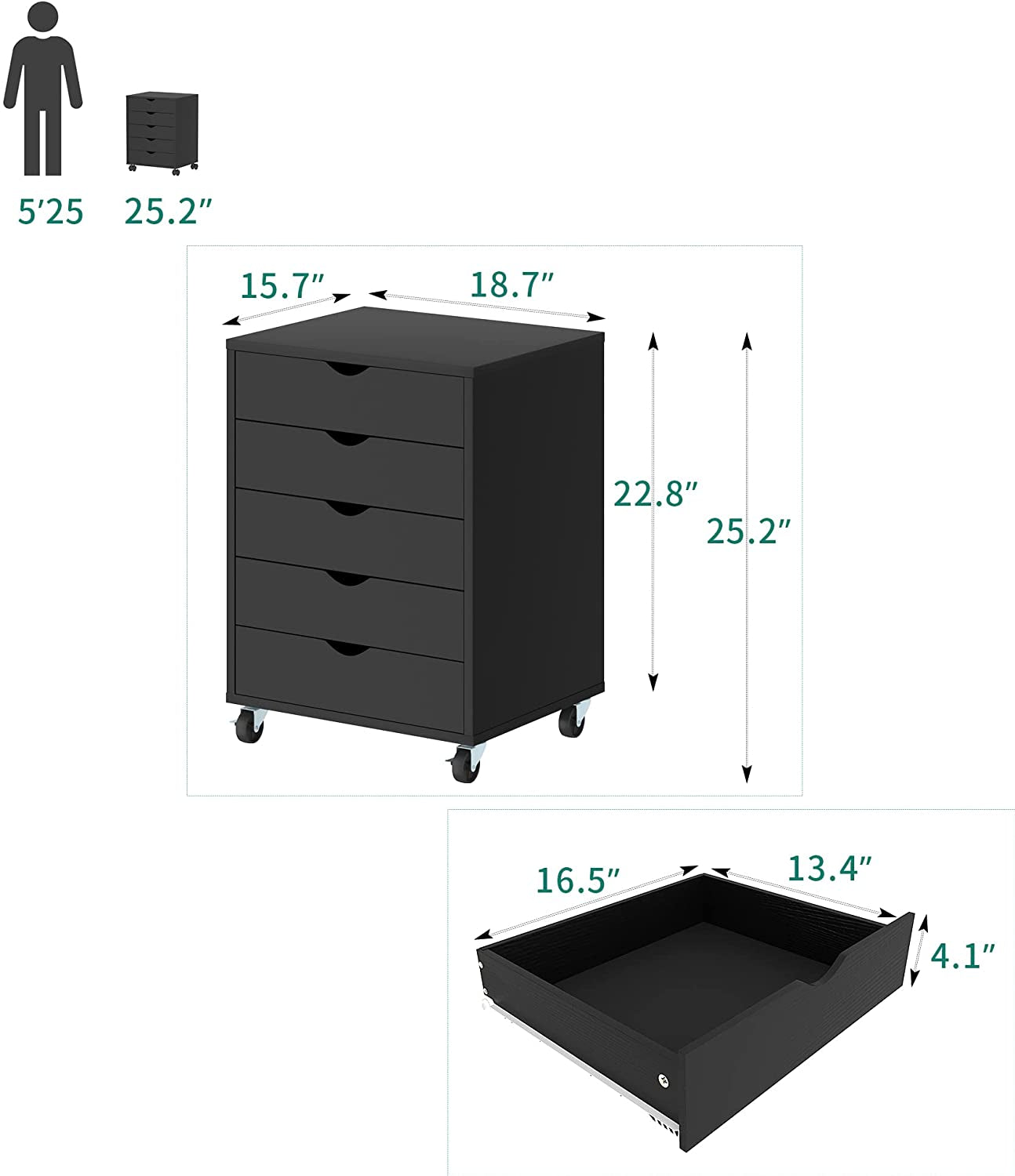 5 Drawer Chest, Mobile File Cabinet with Wheels, Home Office Storage Dresser Cabinet, Black