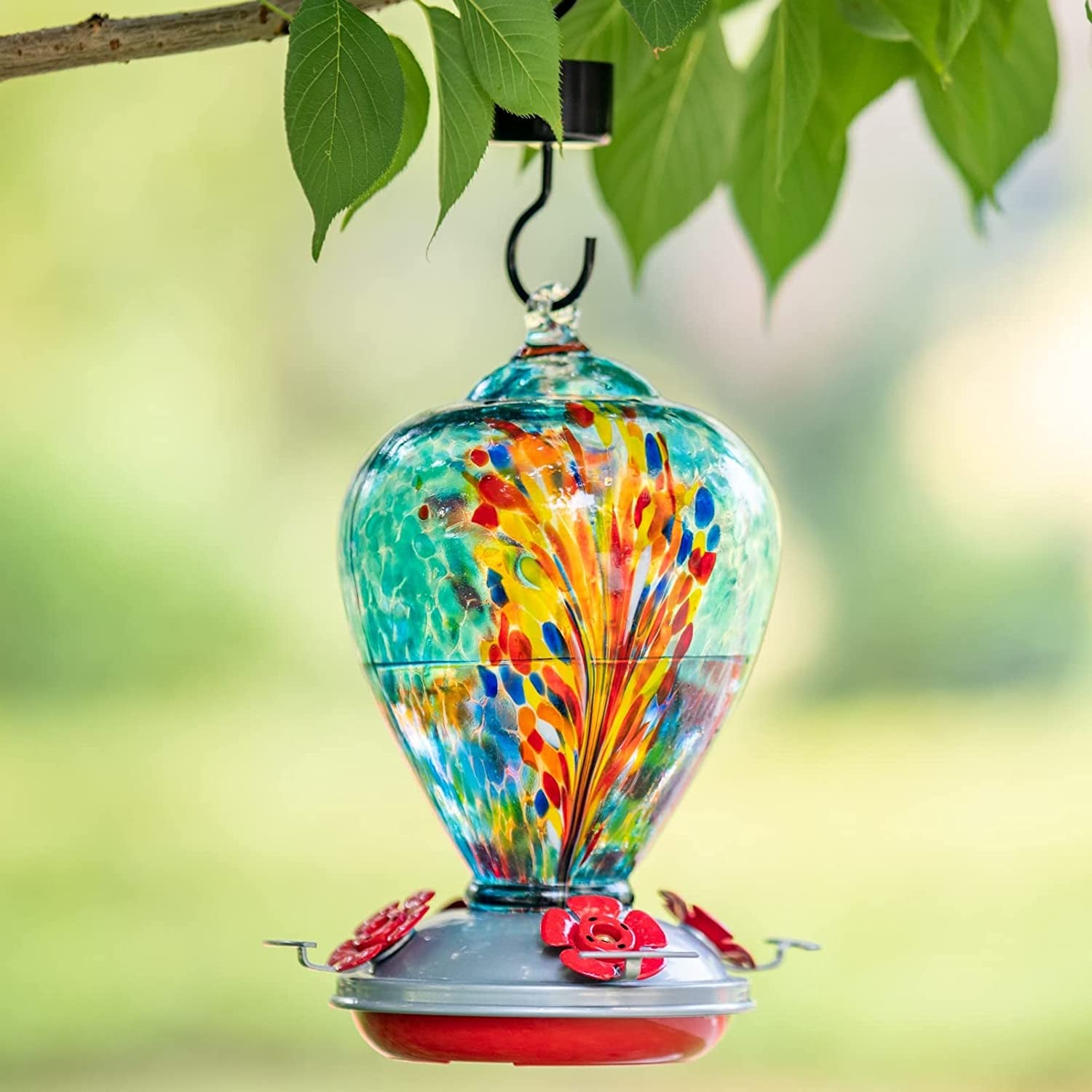 Hummingbird Feeder for Outdoors, Hand Blown Glass, 34 Ounces, Containing Ant Moat, Comet