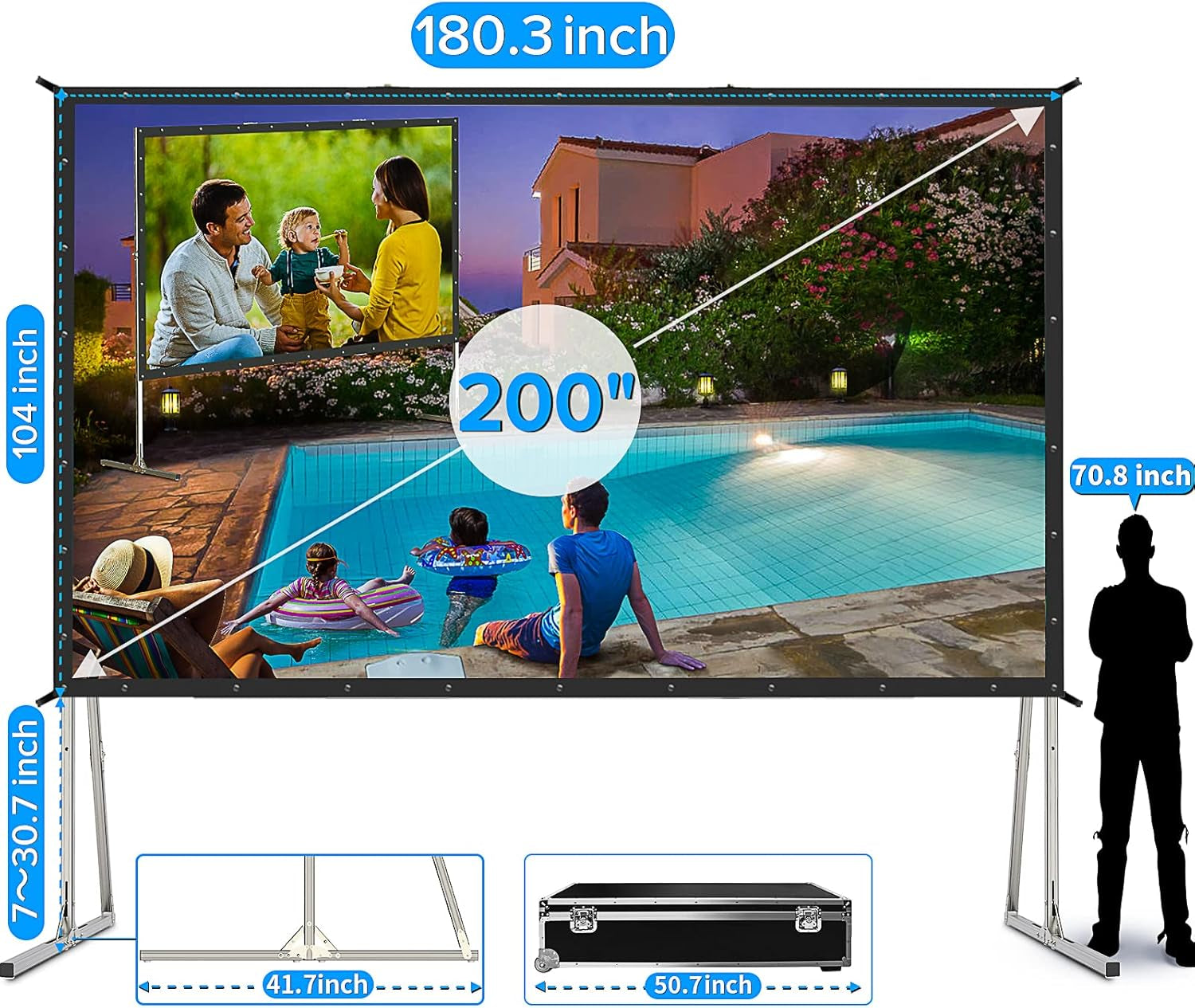 200 Inch Projector Screen with Stand,Upgraded 3 Layers PVC 16:9 Large Outdoor Projector Screen,Portable Outdoor Movie Screen with Carrying Bag for Large Commercial Performance