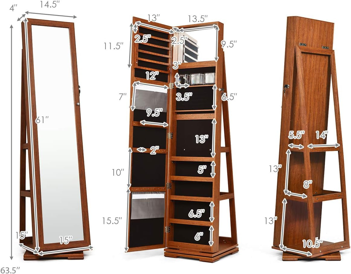 360° Rotating Jewelry Armoire with Higher Full Length Mirror, Standing Lockable Jewelry Cabinet Organizer with Large Storage Capacity, inside Makeup Mirror, Rear Storage Shelves (Walnut)