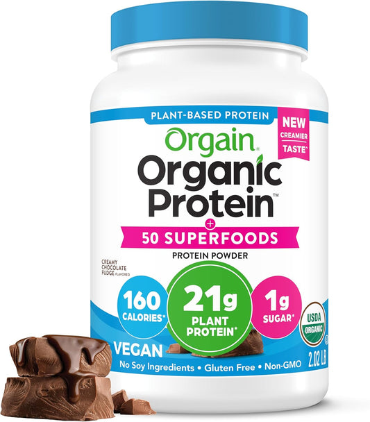 Organic Protein + Superfoods Powder, Creamy Chocolate Fudge - 21G of Protein, Vegan, Plant Based, 6G of Fiber, No Dairy, Gluten, Soy or Added Sugar, Non-Gmo, 2.02 Lb